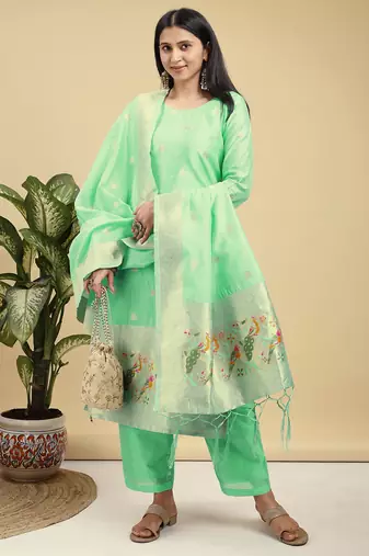 Readymade light green color pure banarasi silk blend top pent dupatta set