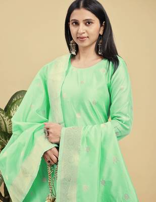 Readymade light green color pure banarasi silk blend top pent dupatta set 5