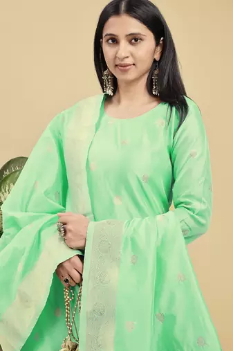 Readymade light green color pure banarasi silk blend top pent dupatta set