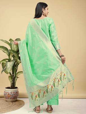 Readymade light green color pure banarasi silk blend top pent dupatta set 6