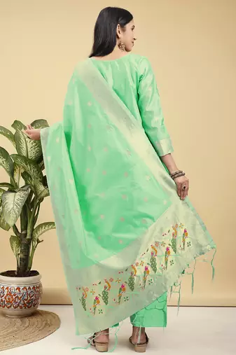 Readymade light green color pure banarasi silk blend top pent dupatta set
