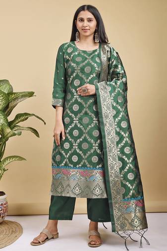 Readymade green color pure banarasi silk top pent dupatta set
