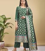 Readymade green color pure banarasi silk top pent dupatta set