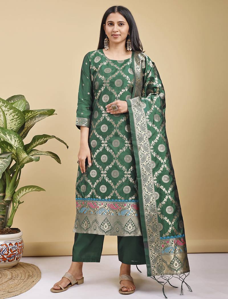 Readymade green color pure banarasi silk top pent dupatta set