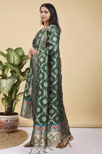 Readymade green color pure banarasi silk blend top pent dupatta set