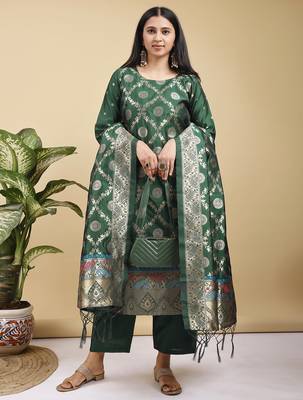 Readymade green pure banarasi silk blend top pent dupatta set 3