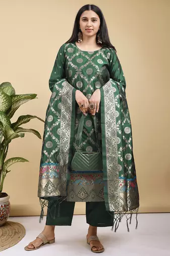 Readymade green color pure banarasi silk blend top pent dupatta set