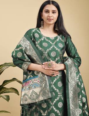 Readymade green pure banarasi silk blend top pent dupatta set 4
