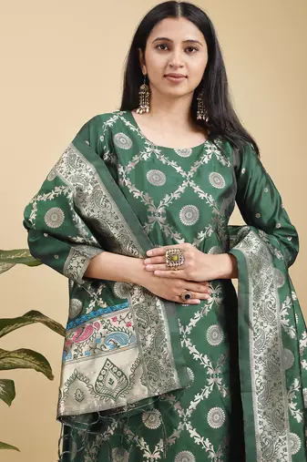 Readymade green color pure banarasi silk blend top pent dupatta set