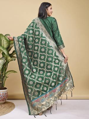 Readymade green pure banarasi silk blend top pent dupatta set 5