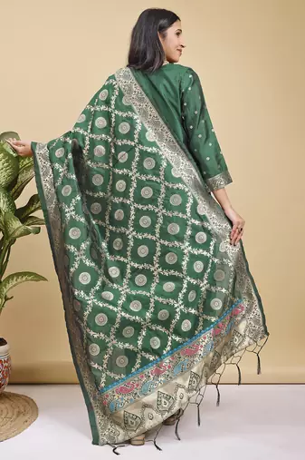 Readymade green color pure banarasi silk blend top pent dupatta set