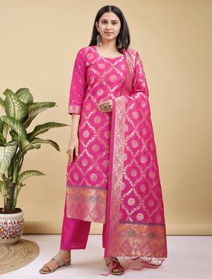 Readymade pink color pure banarasi silk blend top pent dupatta set 1