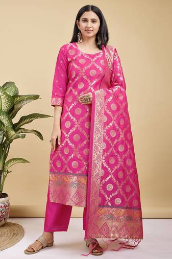 Readymade pink color pure banarasi silk top pent dupatta set
