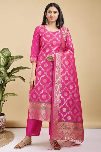 Readymade pink color pure banarasi silk top pent dupatta set