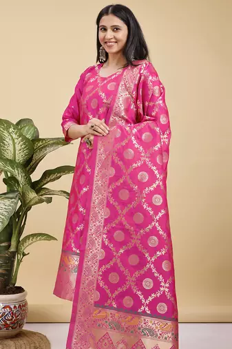 Readymade pink color pure banarasi silk blend top pent dupatta set