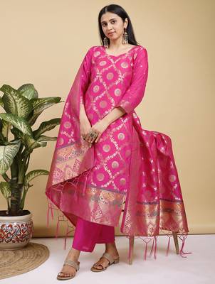 Readymade pink color pure banarasi silk blend top pent dupatta set 3