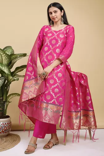 Readymade pink color pure banarasi silk blend top pent dupatta set