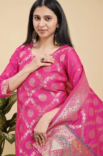 Readymade pink color pure banarasi silk blend top pent dupatta set
