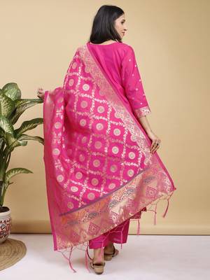 Readymade pink color pure banarasi silk blend top pent dupatta set 5