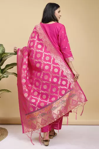 Readymade pink color pure banarasi silk blend top pent dupatta set