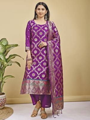 Readymade purple color pure banarasi silk blend top pent dupatta set 1