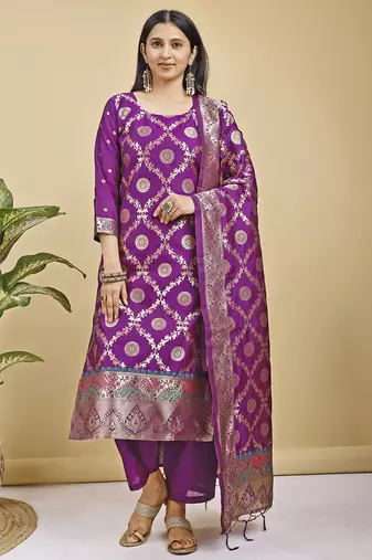 Readymade purple color pure banarasi silk top pent dupatta set