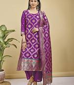 Readymade purple color pure banarasi silk top pent dupatta set