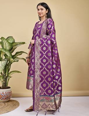 Readymade purple color pure banarasi silk blend top pent dupatta set 3
