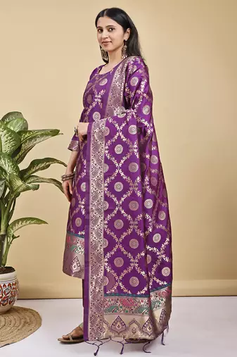 Readymade purple color pure banarasi silk blend top pent dupatta set