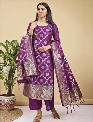 Readymade purple color pure banarasi silk blend top pent dupatta set 4