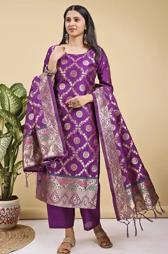 Readymade purple color pure banarasi silk blend top pent dupatta set