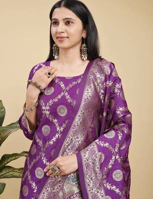 Readymade purple color pure banarasi silk blend top pent dupatta set 5