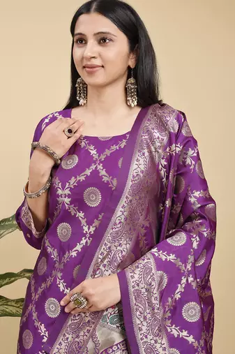 Readymade purple color pure banarasi silk blend top pent dupatta set