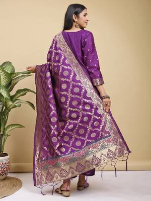 Readymade purple color pure banarasi silk blend top pent dupatta set 6