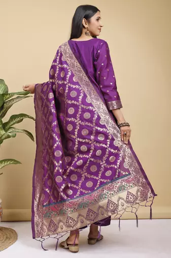Readymade purple color pure banarasi silk blend top pent dupatta set