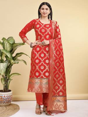 Readymade red color pure banarasi silk blend top pent dupatta set 1