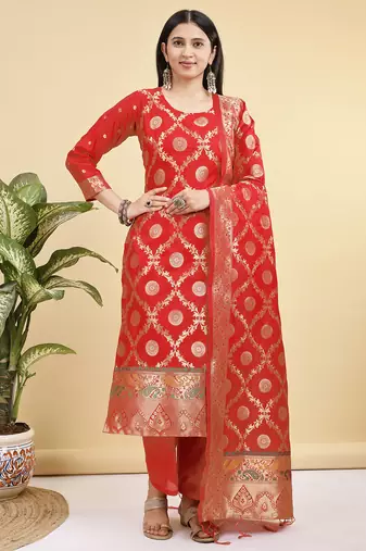 Readymade red color pure banarasi silk top pent dupatta set