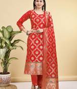 Readymade red color pure banarasi silk top pent dupatta set