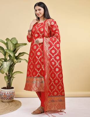 Readymade red color pure banarasi silk blend top pent dupatta set 2