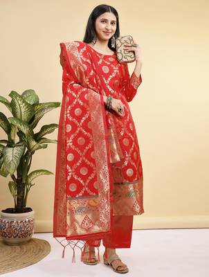 Readymade red color pure banarasi silk blend top pent dupatta set 3