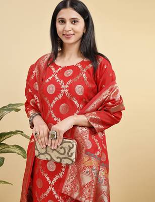 Readymade red color pure banarasi silk blend top pent dupatta set 4