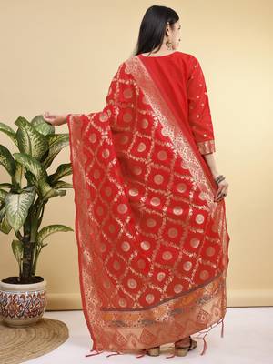Readymade red color pure banarasi silk blend top pent dupatta set 5