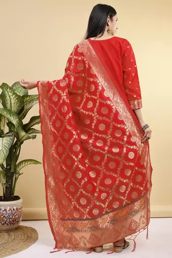 Readymade red color pure banarasi silk blend top pent dupatta set