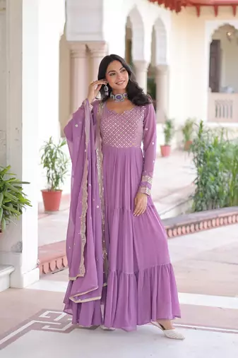 Purple Faux Georgette sequins Zari embroidered Kurti with dupatta