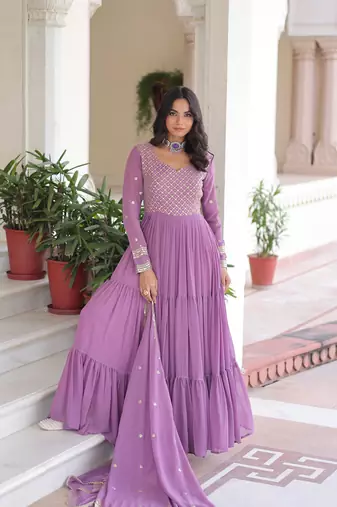 Purple Faux Georgette sequins Zari embroidered Kurti with dupatta