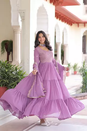 Purple Faux Georgette sequins Zari embroidered Kurti with dupatta