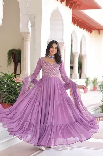 Purple Faux Georgette sequins Zari embroidered Kurti with dupatta
