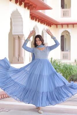 Sky Faux Georgette sequins Zari embroidered Kurti with dupatta 3