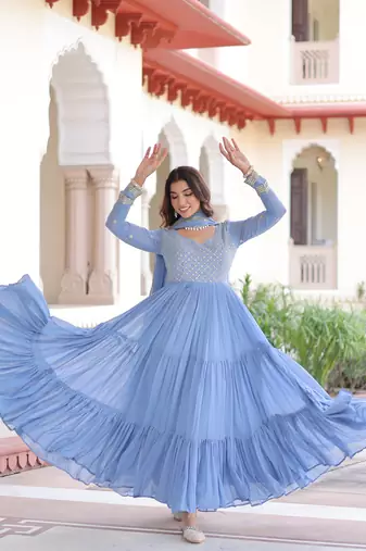 Sky Faux Georgette sequins Zari embroidered Kurti with dupatta