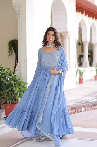 Sky Faux Georgette sequins Zari embroidered Kurti with dupatta